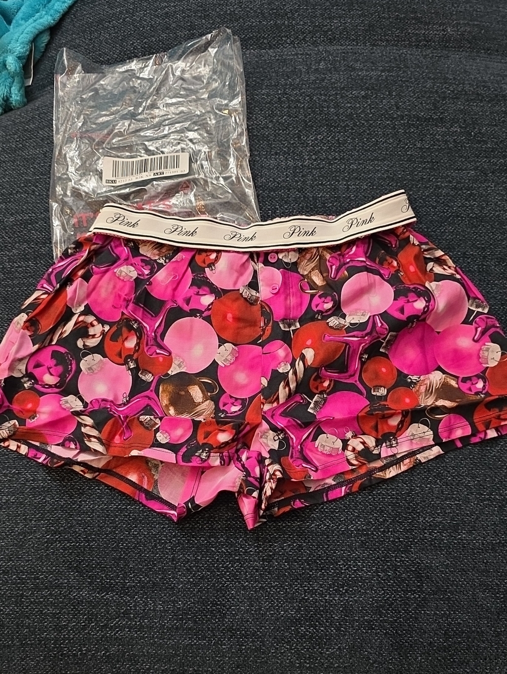 PINK Victoria's Secret Bright Pink & Red Christmas Ball Print Satin Sleep Shorts